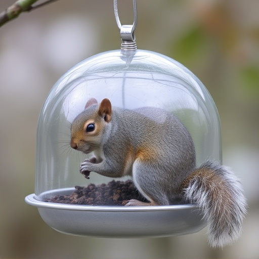 Dome-covered feeder deterring grey squirrel