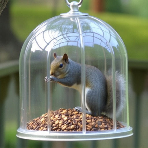 Dome-covered feeder deterring grey squirrel