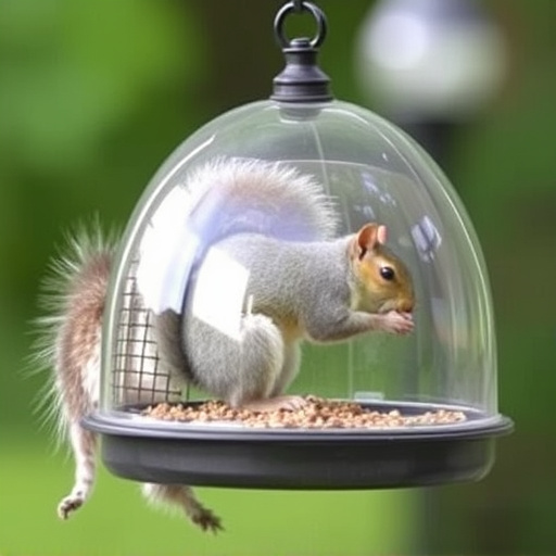 Dome-covered feeder deterring grey squirrel
