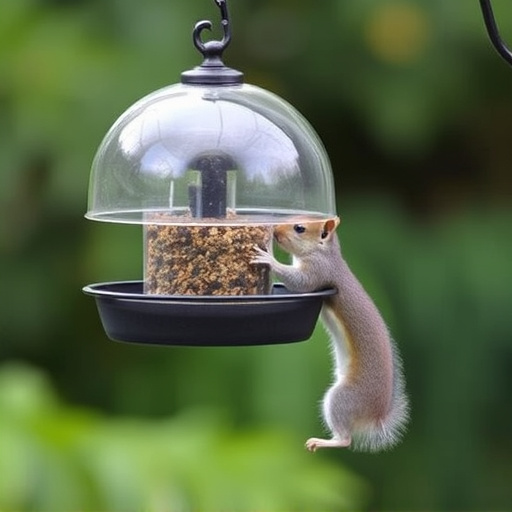 Dome-covered feeder deterring grey squirrel