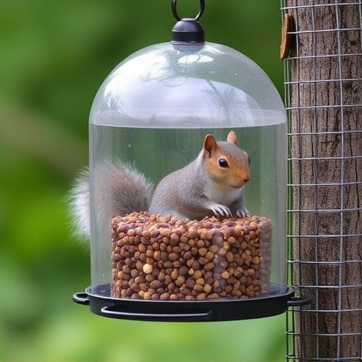 Dome-covered feeder deterring grey squirrel