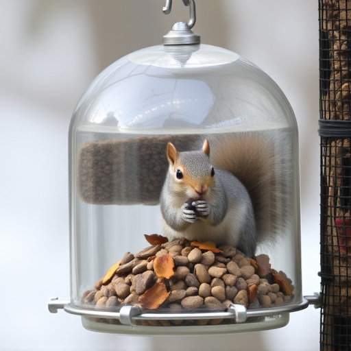 Dome-covered feeder deterring grey squirrel