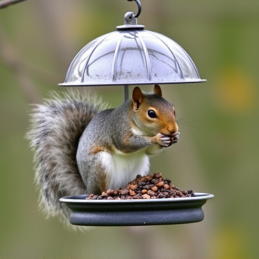 Dome-covered feeder deterring grey squirrel