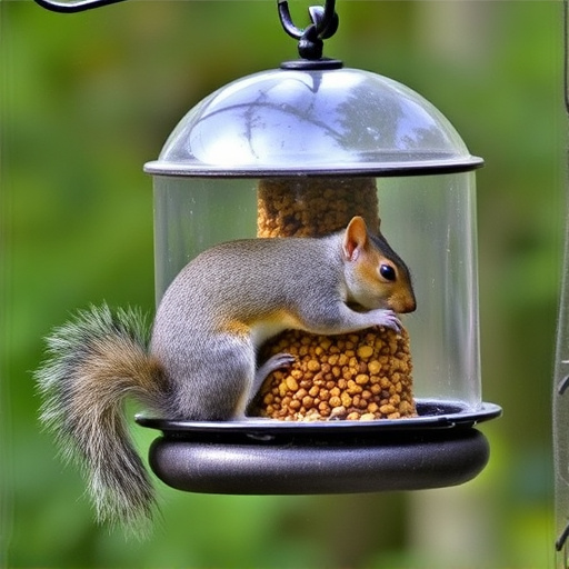 Dome-covered feeder deterring grey squirrel