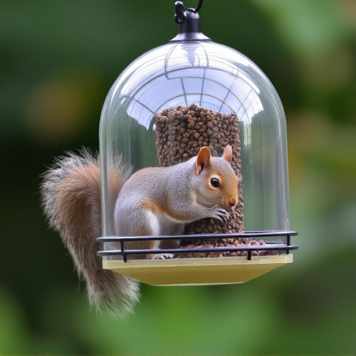 Dome-covered feeder deterring grey squirrel