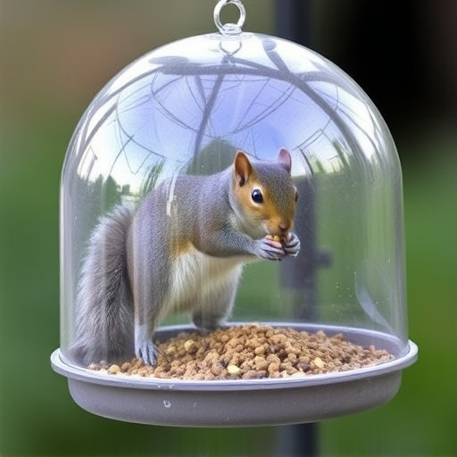 Dome-covered feeder deterring grey squirrel