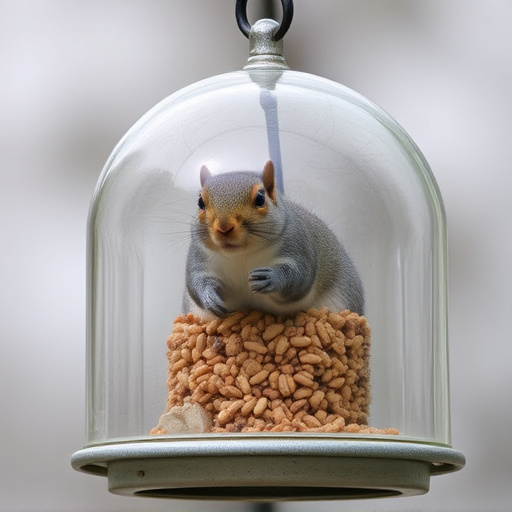 Dome-covered feeder deterring grey squirrel