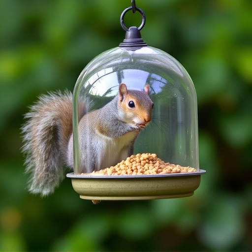Dome-covered feeder deterring grey squirrel