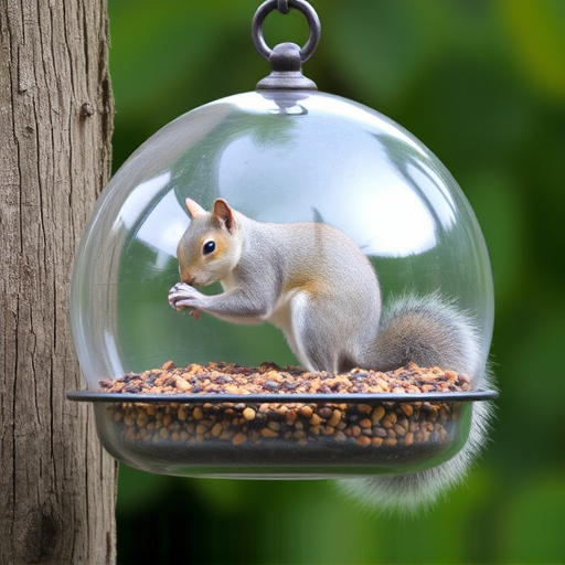 Dome-covered feeder deterring grey squirrel