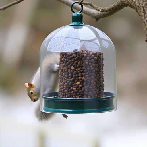 Dome-covered feeder deterring grey squirrel