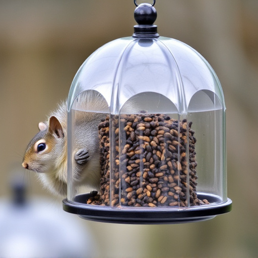 Dome-covered feeder deterring grey squirrel