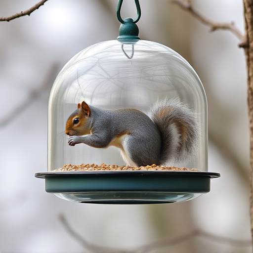 Dome-covered feeder deterring grey squirrel