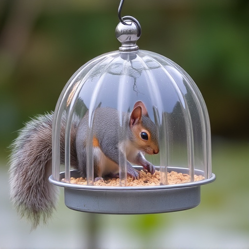 Dome-covered feeder deterring grey squirrel