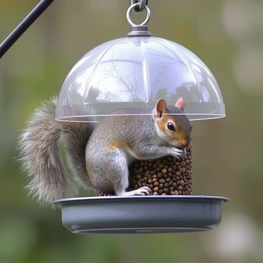 Dome-covered feeder deterring grey squirrel