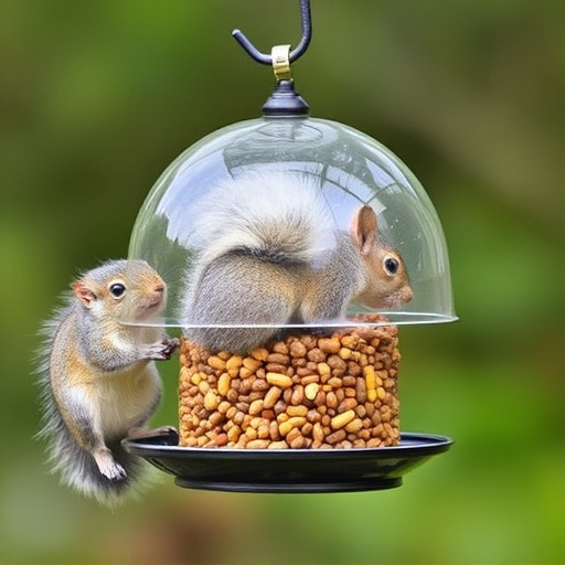 Dome-covered feeder deterring grey squirrel