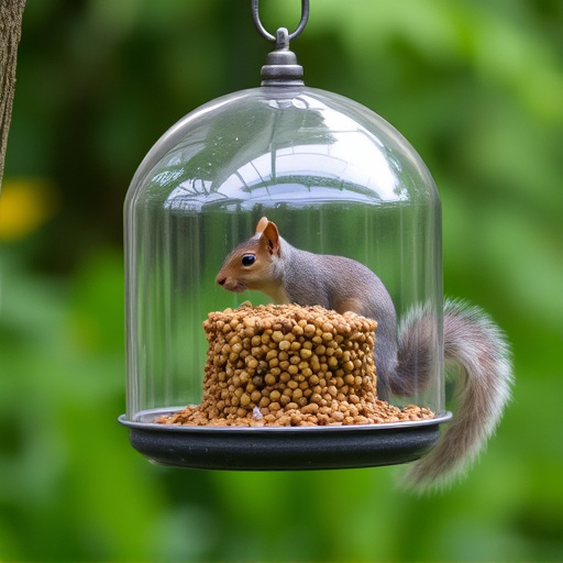 Dome-covered feeder deterring grey squirrel
