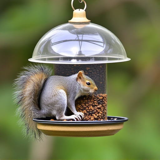Dome-covered feeder deterring grey squirrel