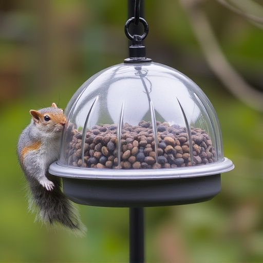 Dome-covered feeder deterring grey squirrel