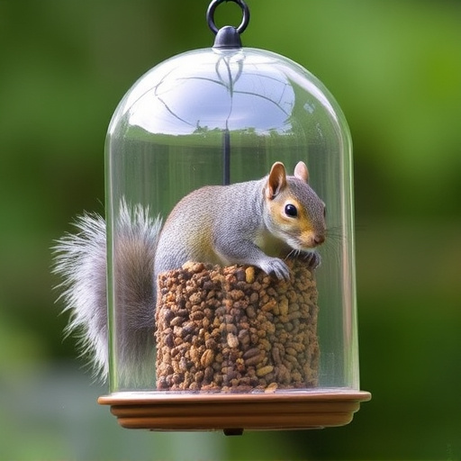 Dome-covered feeder deterring grey squirrel