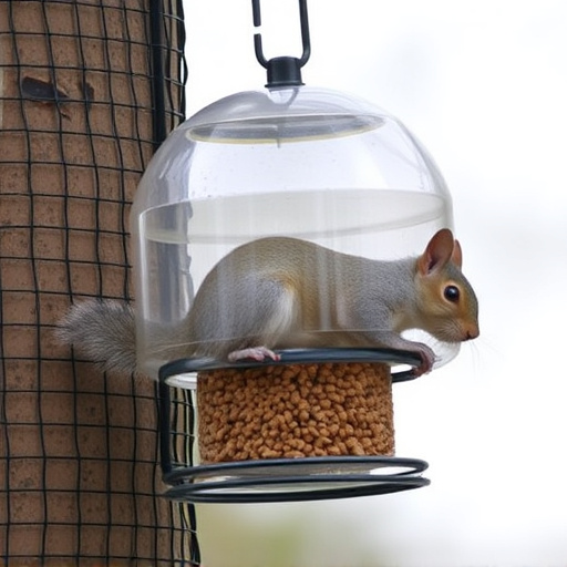 Dome-covered feeder deterring grey squirrel
