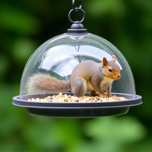Dome-covered feeder deterring grey squirrel