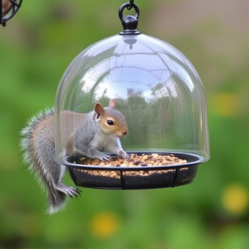 Dome-covered feeder deterring grey squirrel