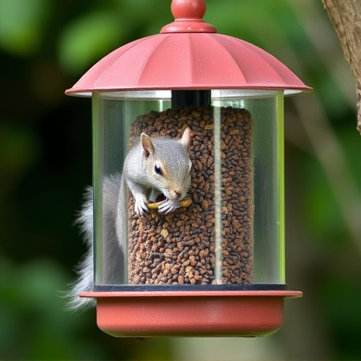 Dome-covered feeder deterring grey squirrel