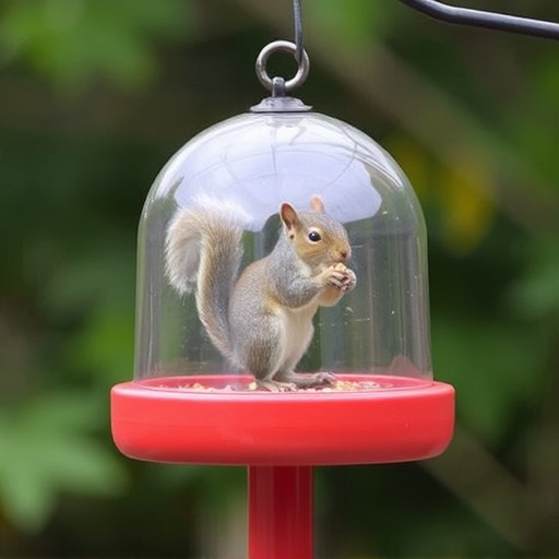 Dome-covered feeder deterring grey squirrel