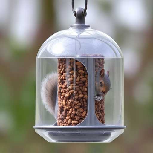 Dome-covered feeder deterring grey squirrel