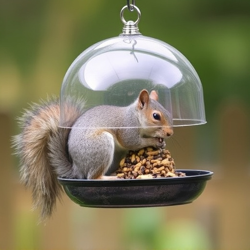 Dome-covered feeder deterring grey squirrel