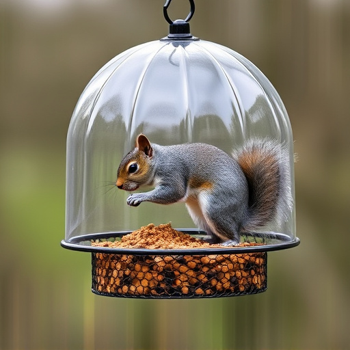 Dome-covered feeder deterring grey squirrel