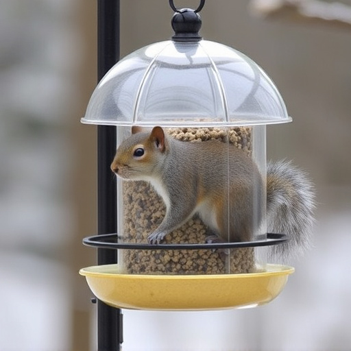 Dome-covered feeder deterring grey squirrel