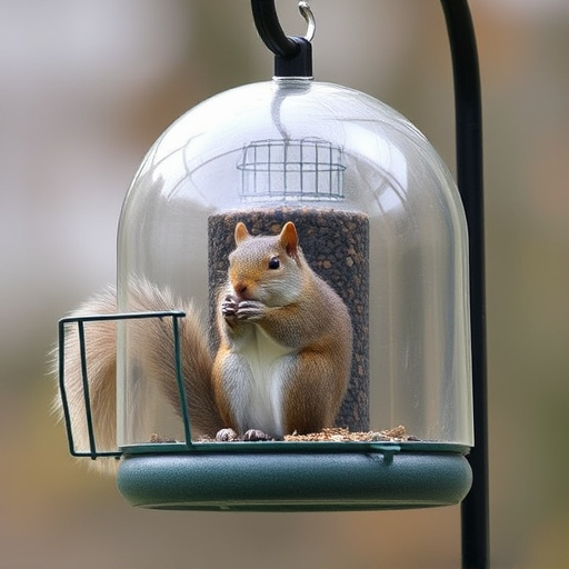 Dome-covered feeder deterring grey squirrel