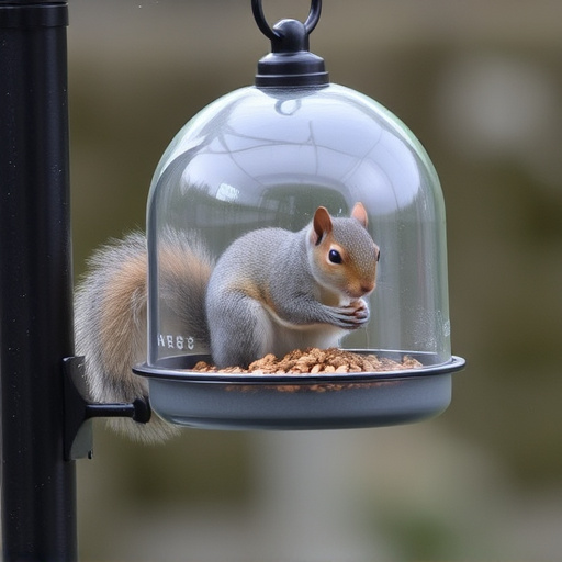 Dome-covered feeder deterring grey squirrel