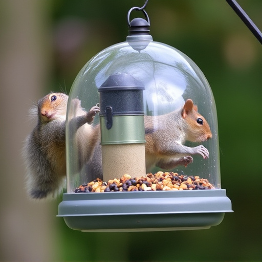 Dome-covered feeder deterring grey squirrel