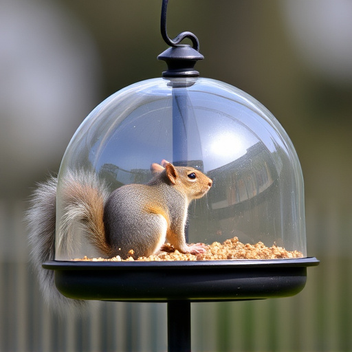 Dome-covered feeder deterring grey squirrel