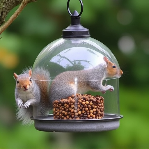Dome-covered feeder deterring grey squirrel