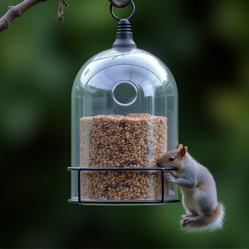 Dome-covered feeder deterring grey squirrel