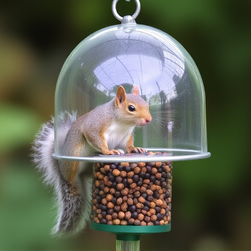 Dome-covered feeder deterring grey squirrel