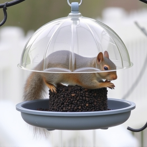 Dome-covered feeder deterring grey squirrel