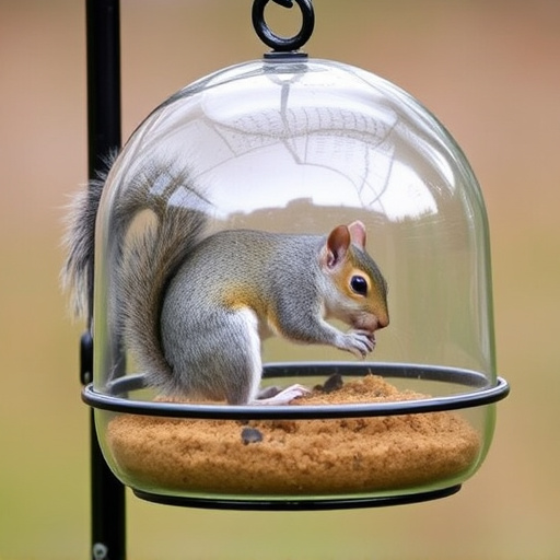 Dome-covered feeder deterring grey squirrel