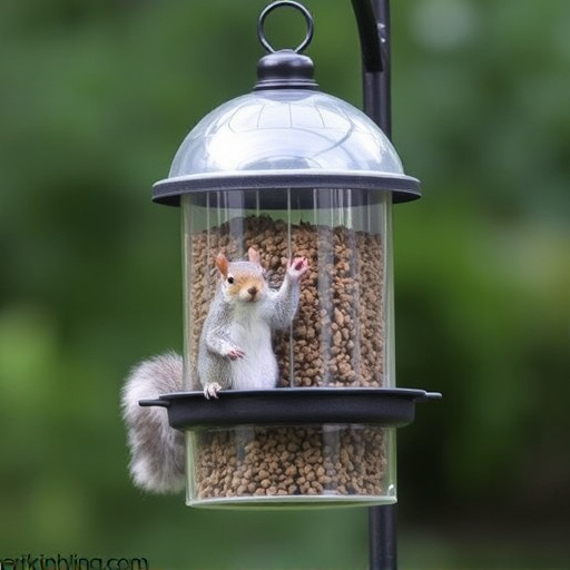 Dome-covered feeder deterring grey squirrel