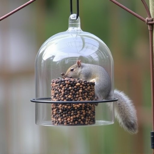 Dome-covered feeder deterring grey squirrel