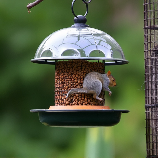 Dome-covered feeder deterring grey squirrel
