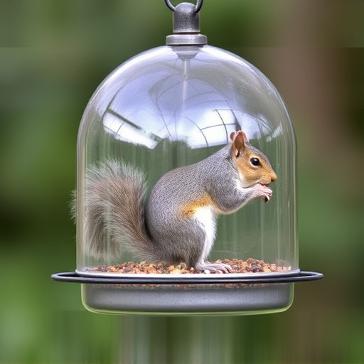 Dome-covered feeder deterring grey squirrel