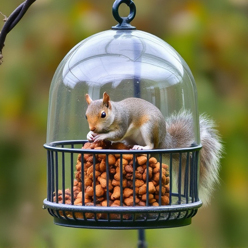Dome-covered feeder deterring grey squirrel
