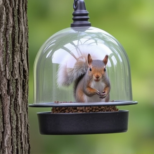 Dome-covered feeder deterring grey squirrel