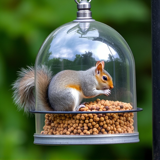 Dome-covered feeder deterring grey squirrel
