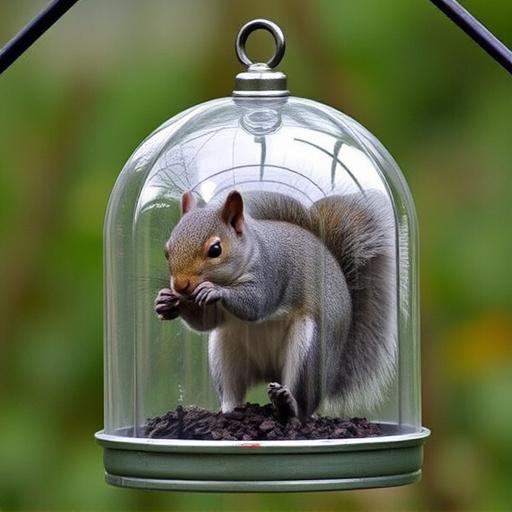Dome-covered feeder deterring grey squirrel
