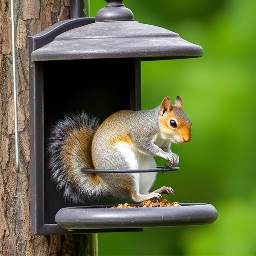 Dome-covered feeder deterring grey squirrel